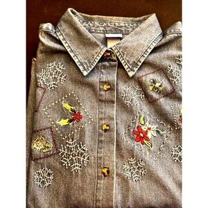 Holiday Editions Women's Denim Shirt Embroidered Christmas Long Sleeve Collar
